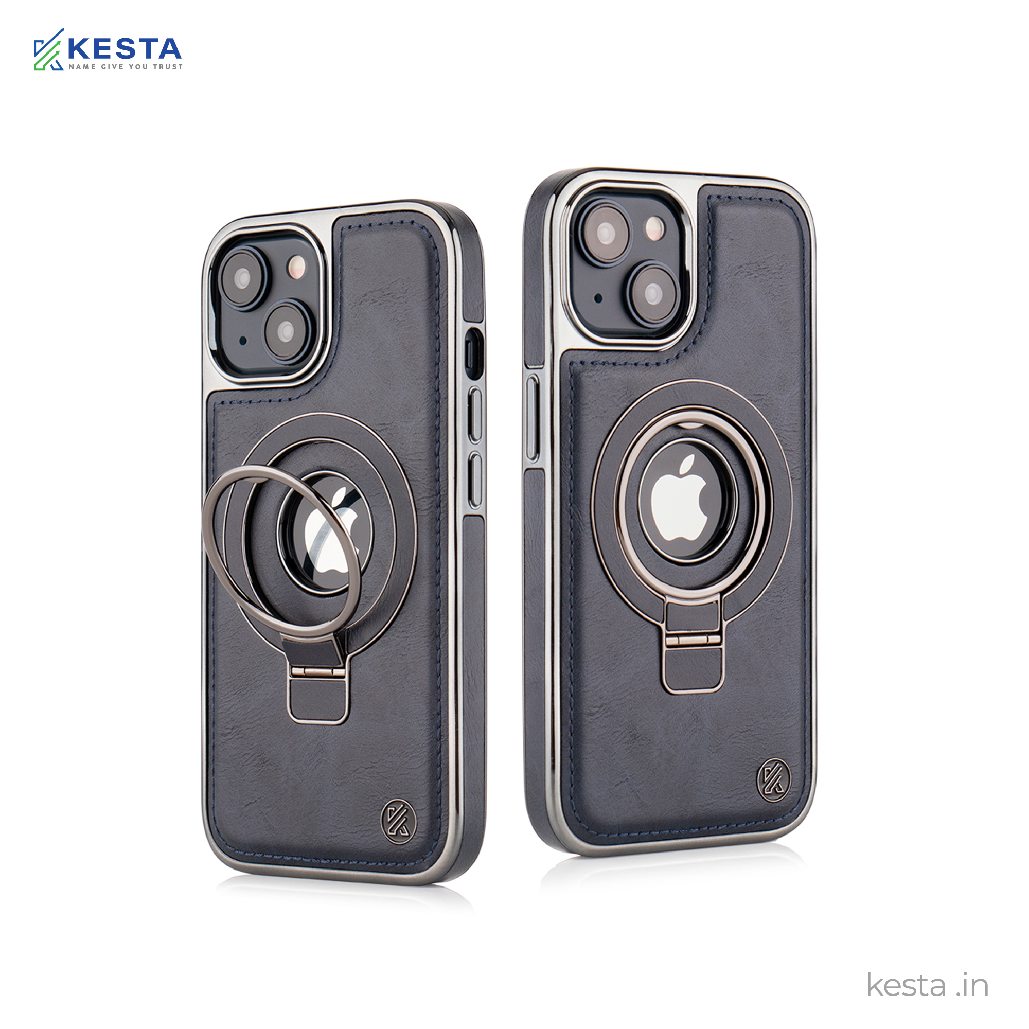 iPhone 15 Cover - Classy Elite Blue Leather Case (Built-In Magnetic Ring Holder)